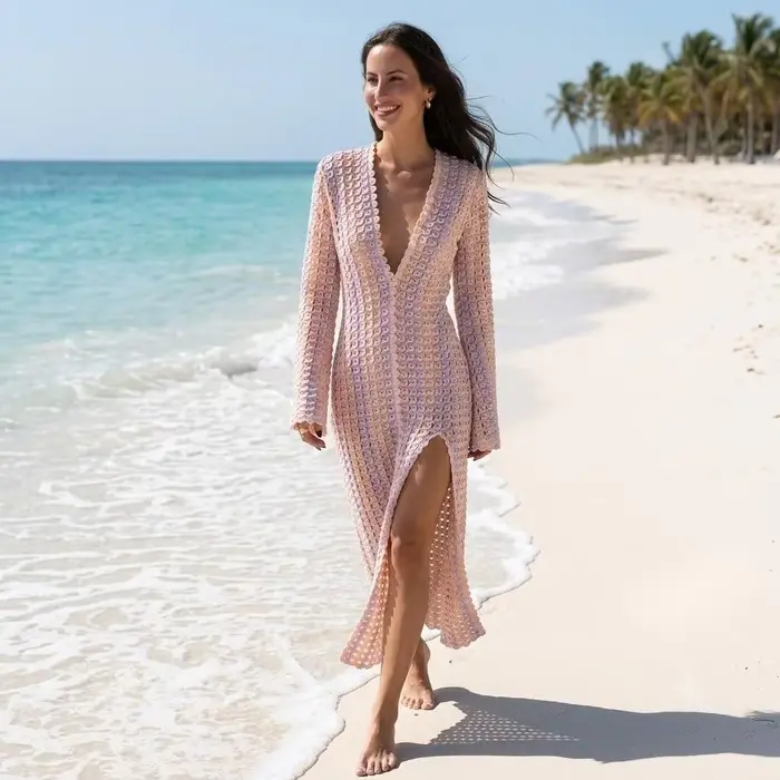 Robe de plage en dentelle à col en V, découpes ajourées, fente haute, une pièce, pour vacances d'été, style bohème, tunique de plage sexy, tunique de maillot de bain, blanche