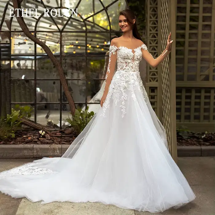 ETHEL ROLYN robe de mariée trapèze glamour chérie à manches longues mariée brillant perles fleurs Ap