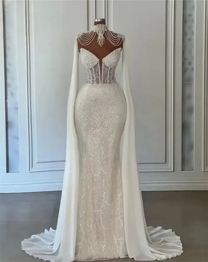 Robes de mariée sud-africaines scintillantes pour filles noires, col en V, perles, Dubaï, Arabie Sao