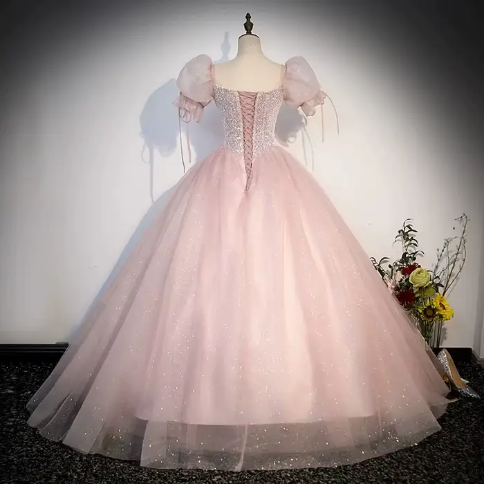 Robe de Soirée en Tulle à Paillettes et Manches Moelleuses Style Préppy Occasions Spéciales Nouvelle Collection 2024