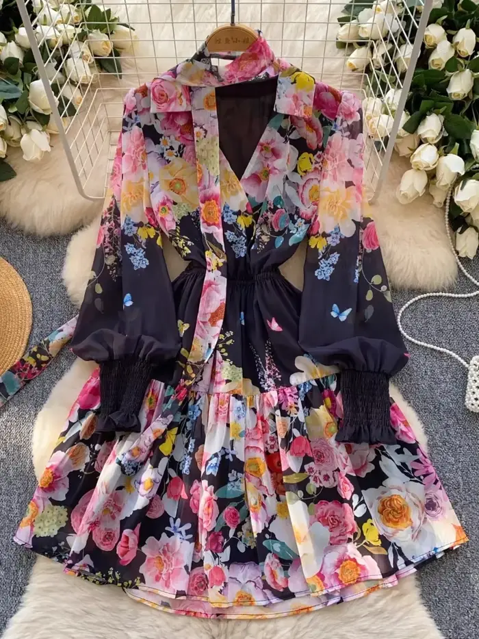 Robe de Soirée Élégante et Vintage avec Ruban Imprimé pour Femme