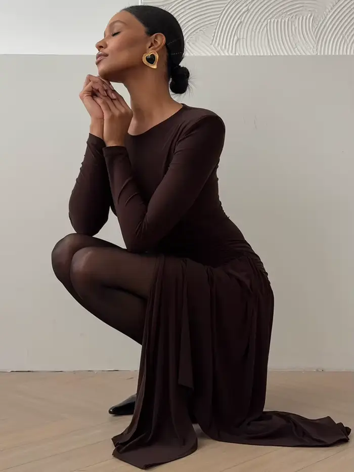Mozision manches longues drapé froncé Sexy robe Maxi pour les femmes