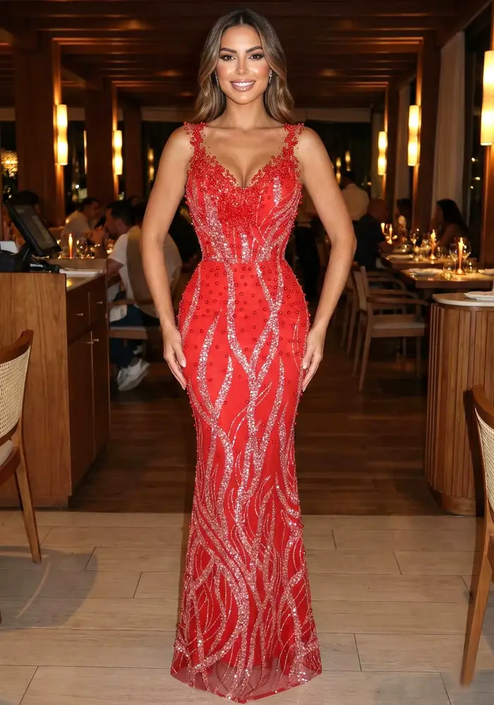Robes de soirée classiques pour femmes, col en V, sans manches, paillettes, dentelle, perles, longue
