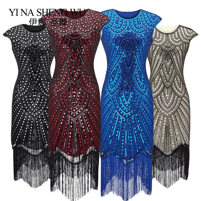 Robe de soirée évasée à franges perlées à paillettes pour femmes