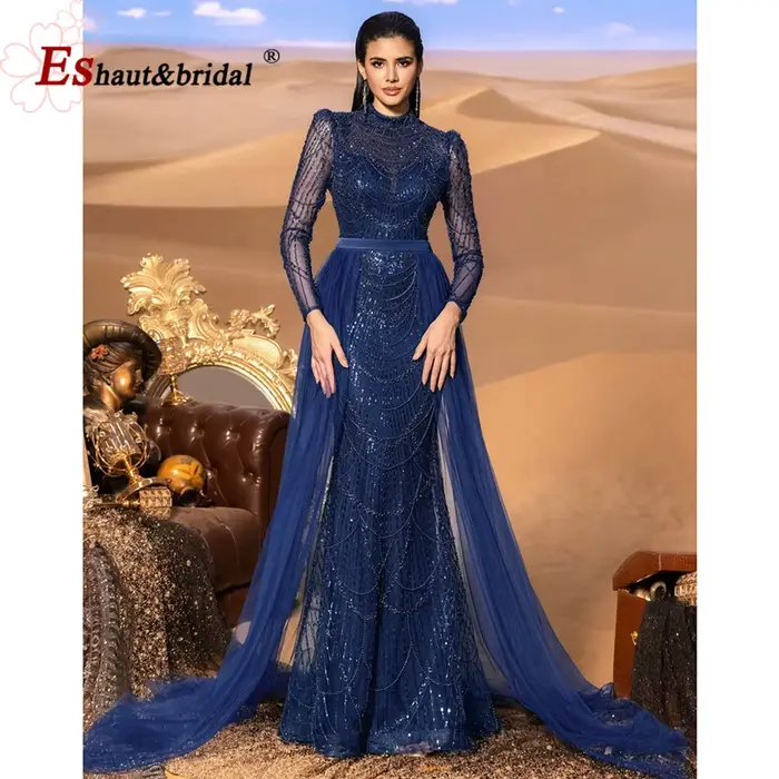 Robe de soirée élégante style sirène manches longues traîne détachable sequins pour mariage bal de promo personnalisable polyester tulle dentelle paillettes occassions spéciales
