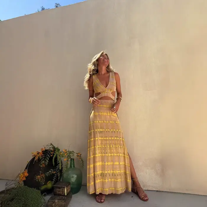 Robe longue imprimée à col en V, style portefeuille, taille haute, fendue, élégante, pour les voyage