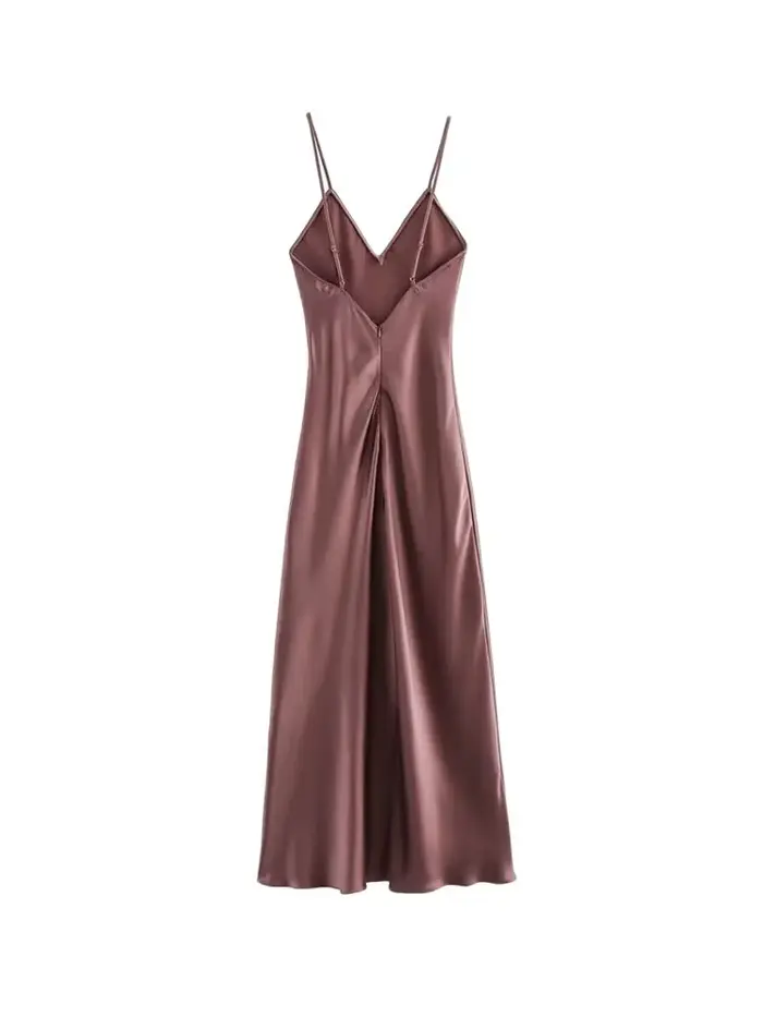 Robe mi-longue en satin polyeste col en V bretelles fines dos nu sexy pour femmes occasions spéciales