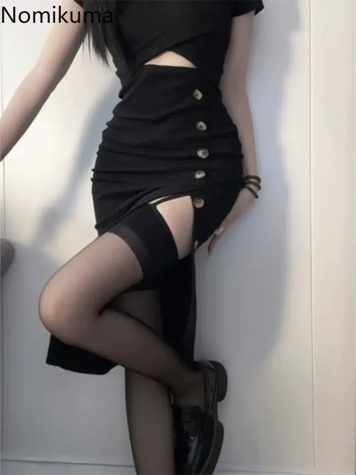 Robe noire sexy pour femmes, manches courtes, ajourée, mode coréenne, tunique fendue, robe d'été, style club, occasions spéciales