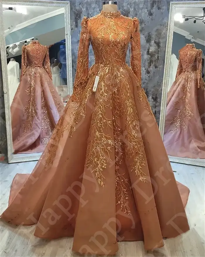 Robe de soirée arabe musulmane avec appliques de luxe 3D, col haut, manches longues, élégante pour femmes, occasions spéciales, soirée officielle