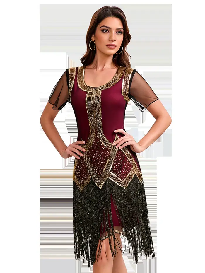 Robe en polyester années 1920 style American Retro avec détails pompons et motifs géométriques pour femmes occasions spéciales