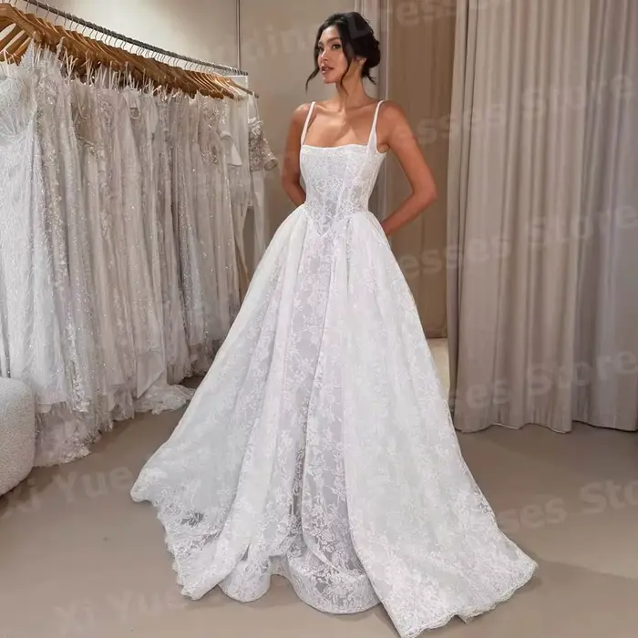 Robe de mariée élégante en dentelle style A, bretelles spaghetti sans manches pour femmes occasions spéciales
