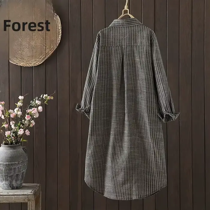 Printemps 2025 décontracté rayure coton lin chemise robe femmes Vintage ample col Polo à manches longues ouvert Cardigan jupe Midi