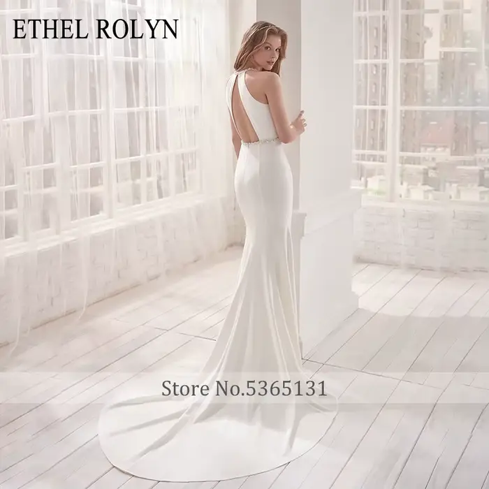 ETHEL ROLYN robe De mariée sirène licou élégant dos nu Satin cristal ceintures sans manches robes