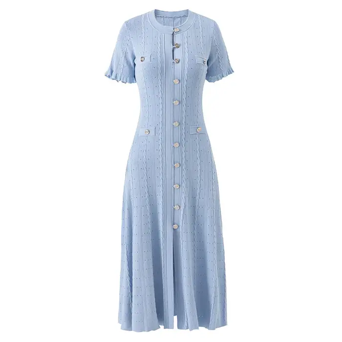 Robe midi élégante de style français à manches courtes en maille côtelée