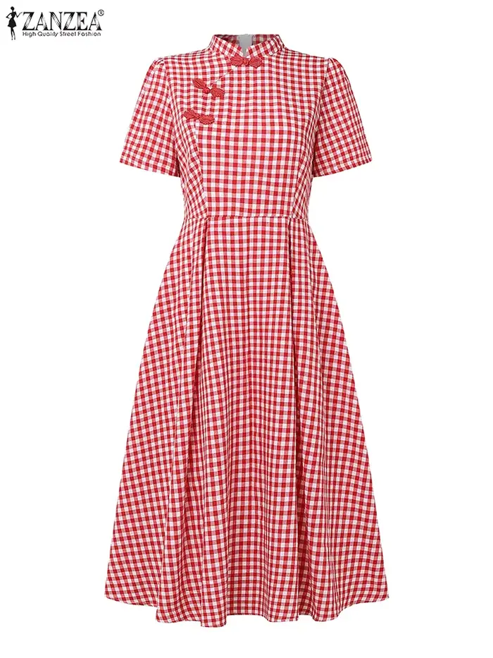 Femmes élégantes robes mi-longues ZANZEA été Plaid robe à carreaux col montant fête