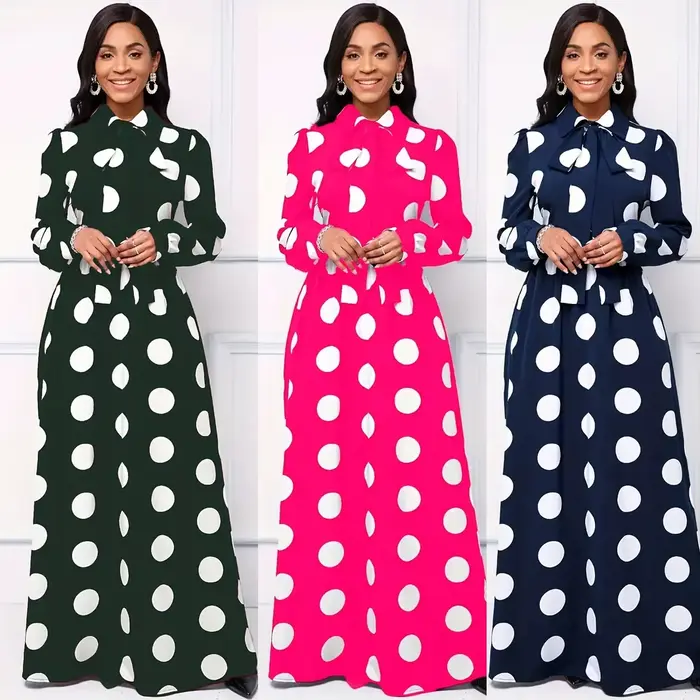 Robe maxi à manches longues élégante pour femmes avec motifs pois, pour occasions spéciales et tenues quotidiennes
