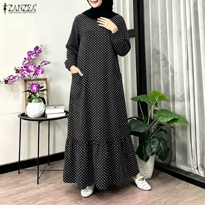 ZANZEA Robe Abaya décontractée à pois imprimés pour femme