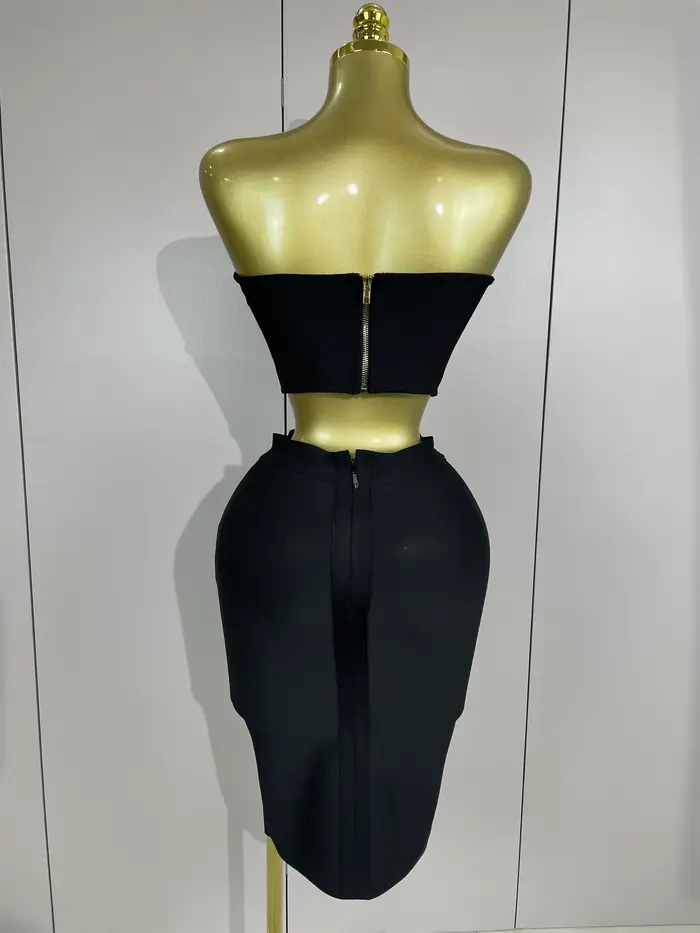 2025 Femmes Sexy Bretelles Dos Nu Noir Bandage Deux Pièces Costume Célébrité Designer De Mode Robe D