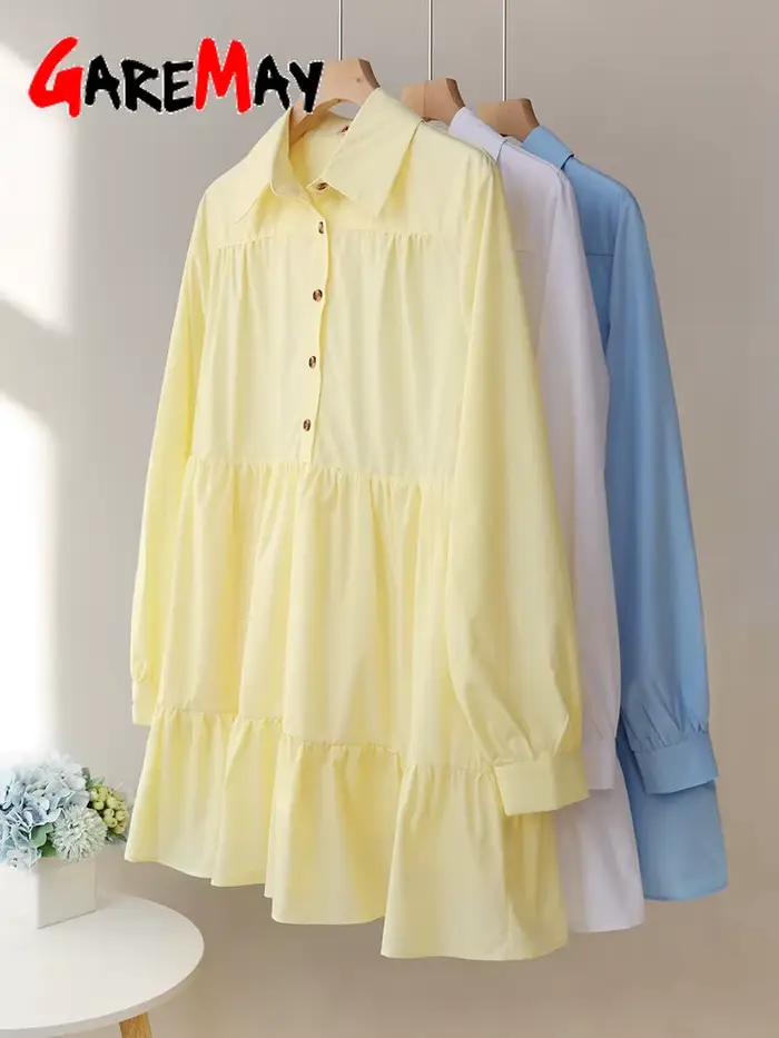 Robe chemise vintage à manches longues pour femmes, bleu, blanc, col rabattu, boutons élégants, printemps été, style décontracté, occassions spéciales