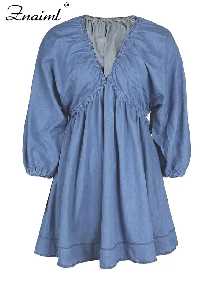 Robe en jean bleu clair Znaiml col en V manches bouffantes volants mini-robe pour femmes style de rue été automne sorties décontractées plage vacances