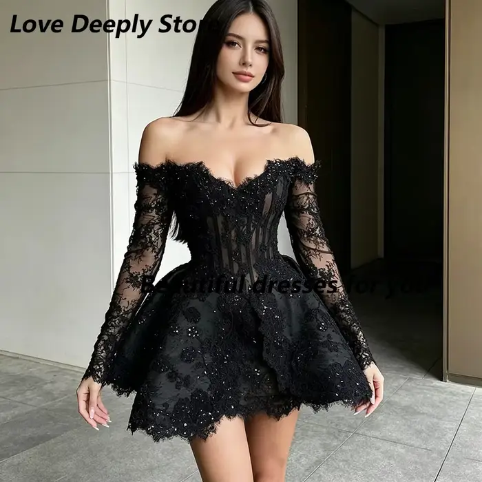 Robe de cocktail mini en dentelle noire personnalisable avec décolleté Mon Amour et décoration en perles pour femmes toutes occasions spéciales