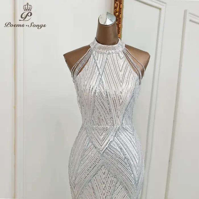 Robe de soirée sirène argentée personnalisée sans manches pour femmes, élégante et sophistiquée pour les soirées officielles et les occasions spéciales