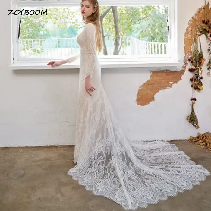 Robes de mariée sirène vintage à col haut 2026, bohème, manches longues, longueur au sol, dentelle,