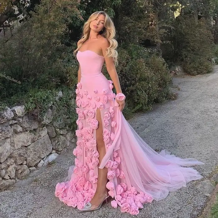 Sharon Said robe de soirée sirène rose avec fleurs 3D fente sans bretelles élégante pour les femmes