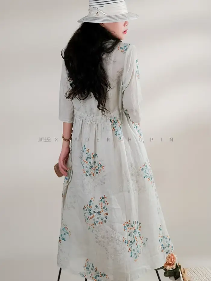 Robe d'été longue imprimée THHONE élégante avec col en V pour femmes occasions spéciales vintage style plage coréen