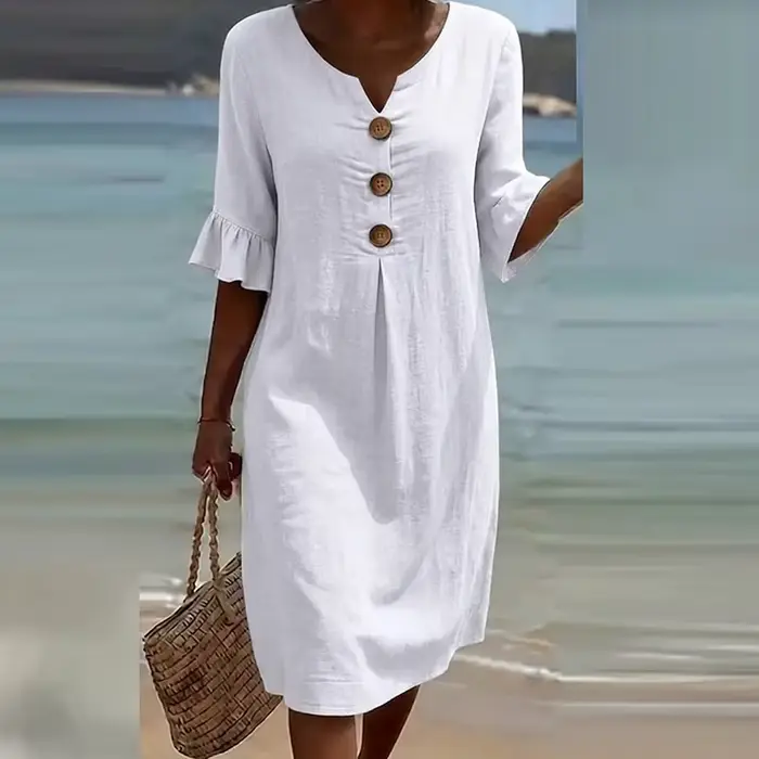 Robe vintage femme col en V manches courtes design à volants boutonnée plage vacances décontractée unie ample pour fêtes
