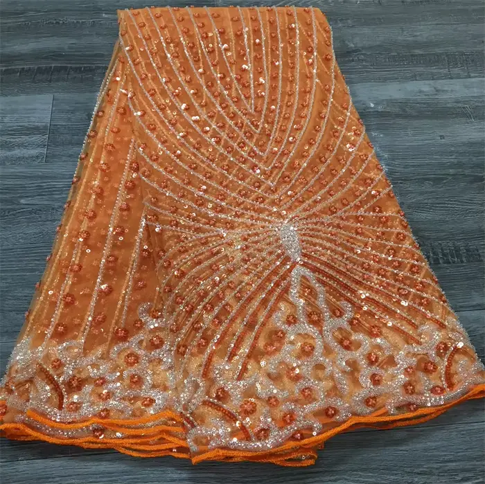 Tissu africain en dentelle à paillettes et perles françaises, Tulle en maille de haute qualité, long