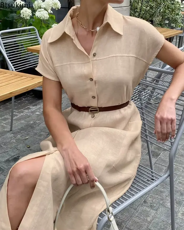 Robe longue d'été élégante pour femme en coton et lin, taille haute, à lacets, style chemise à revers, pour le bureau ou les loisirs