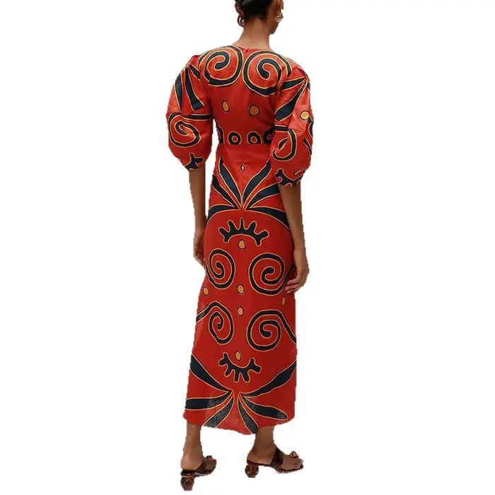 Robe en polyester chic imprimée longue col en V pour femmes occasions formelles vintage style