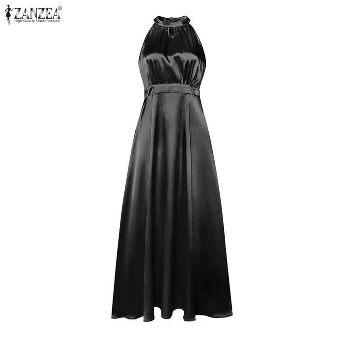 ZANZEA Robe longue élégante en satin pour femme, col halter, sans manches, coupe trapèze, pour cockt