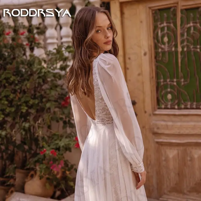 RODDRSYA Boho Chic dentelle robe de mariée pour les femmes col en V à manches longues fendu robes