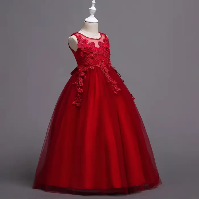 Belle longue robe de fille de fleur pour les filles élégant bordeaux rose vert blanc enfants robes de fête de mariage