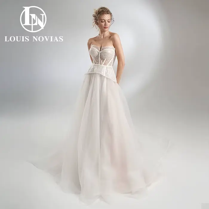 Robe de mariée trapèze, torsadée, élégante, sexy, perlée, pailletée