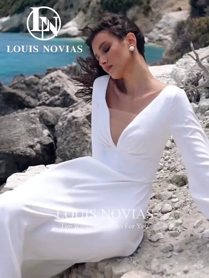 LOUIS NOVIAS robes De mariée en Satin pour femmes lanterne manches col en v Court Train a-ligne robe
