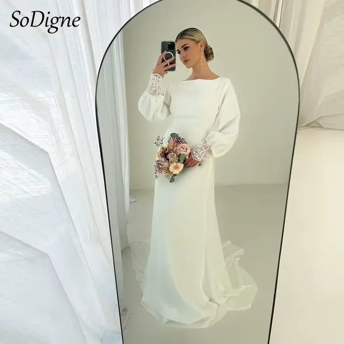SoDigne Robes de mariée musulmanes simples, col rond, manches longues, en satin, style sirène, robe 
