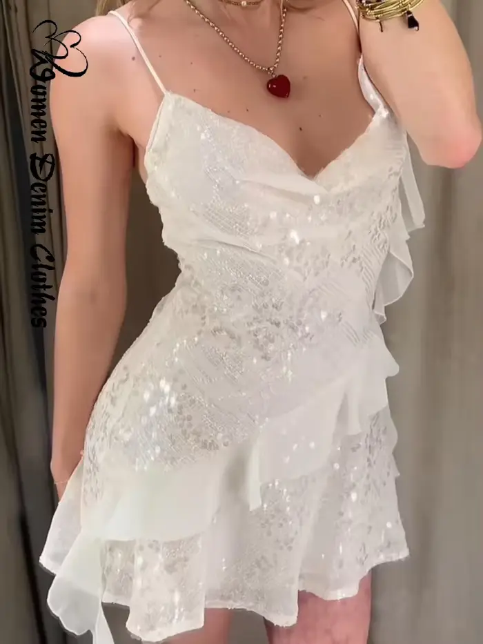 Robe courte à volants et paillettes pour femmes