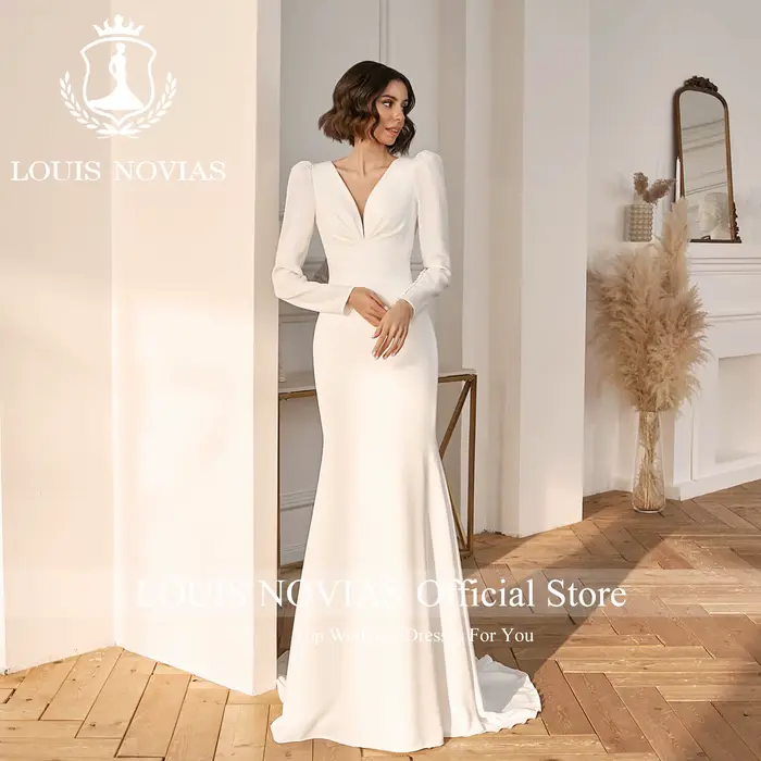 Robe de mariée sirène en satin sexy, manches longues, col en V, dos nu, bouton, gaine drapée, pour femmes occasions spéciales mariage soirée晚会及特别场合女士性感缎面鱼尾裙长袖V领露背纽扣剪裁高腰