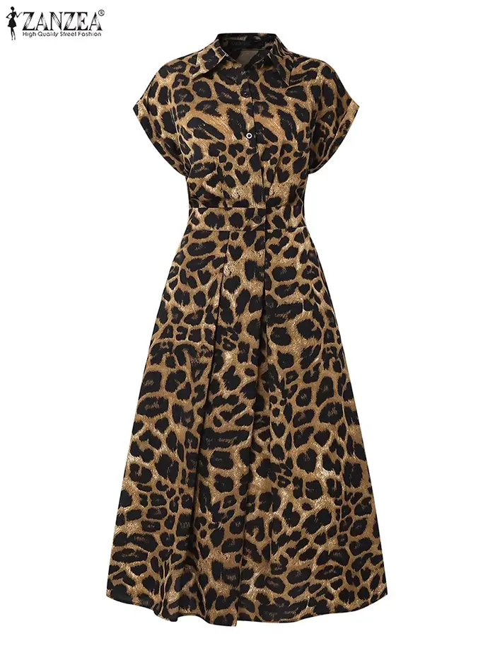 Robe léopard ZANZEA pour femme, polyester, coupe moderne, col rabattu, motifs léopard, occasion bureau et soirée