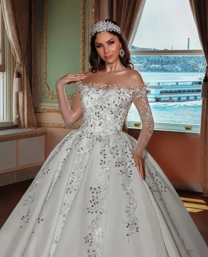 Robe de mariée élégante et noble personnalisable, bustier à manches longues, jupe bouffante, robe de