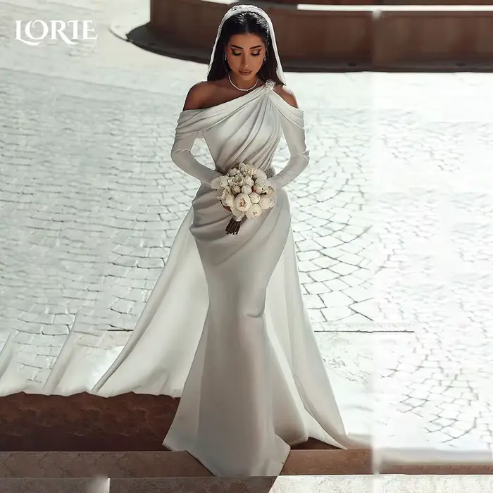 LORIE luxe Satin sirène robes de mariée à manches longues Bobycon solide robe de mariée de soirée ép