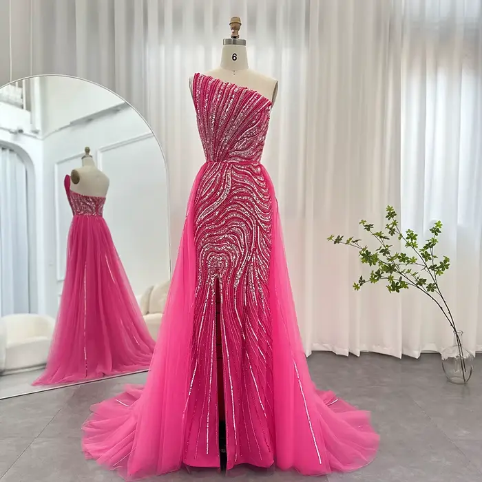 Robe de soirée de luxe Sharon Said Dubaï fuchsia avec surjupe festonnée et fente haute, robe de mari