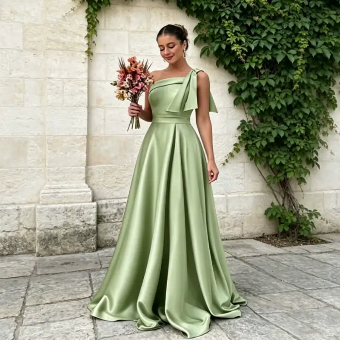 Robe de demoiselle d'honneur asymétrique à grand nœud