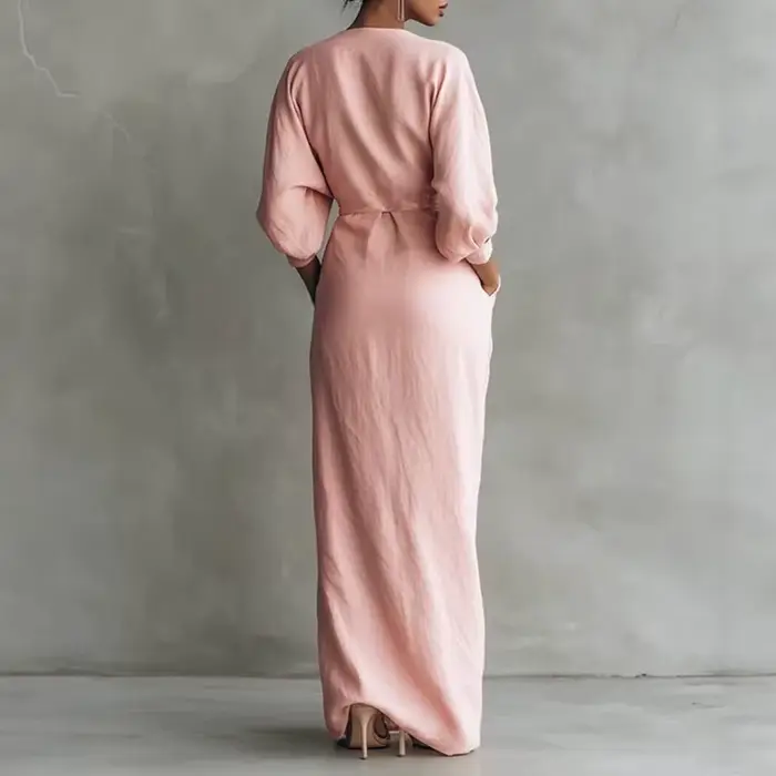 Robe longue moulante élégante pour femme, col en V, taille nouée, manches longues, couleur unie, style décontracté, idéale pour les soirées, la plage, les vacances et les événements décontractés