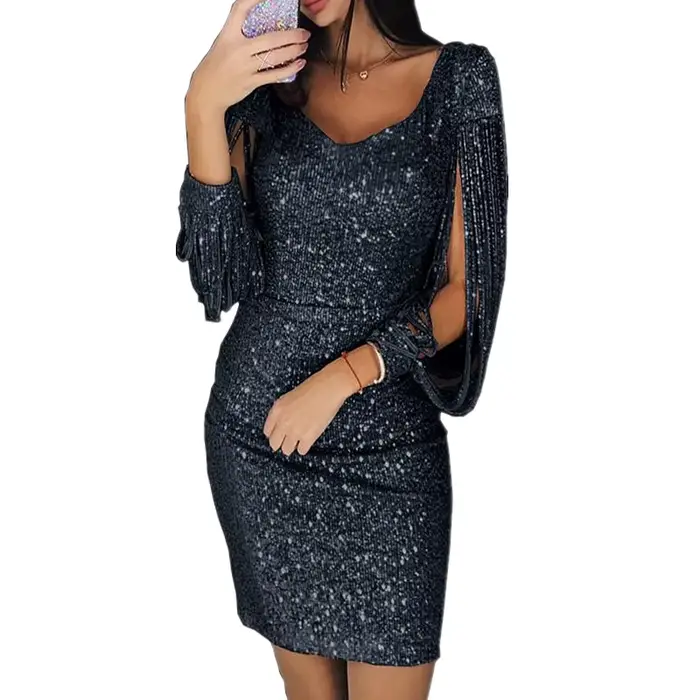 Robe élégante et glamour pour femmes grandes tailles paillettes mini robes sexy col en V pompon soirée officielle cocktail