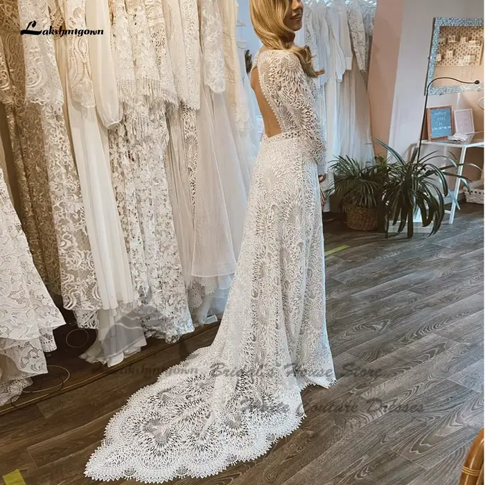 Yanshmigown-Robe de mariée sirène en dentelle bohème de luxe, manches longues, sexy, patients, mariage sur la plage, quelle que soit la robe personnalisée, 2024