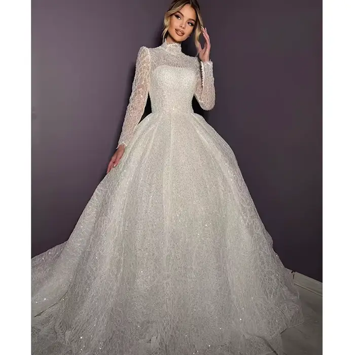 Robe De mariée à paillettes et perles en dentelle brodée, ligne a, col haut, manches longues, robe D